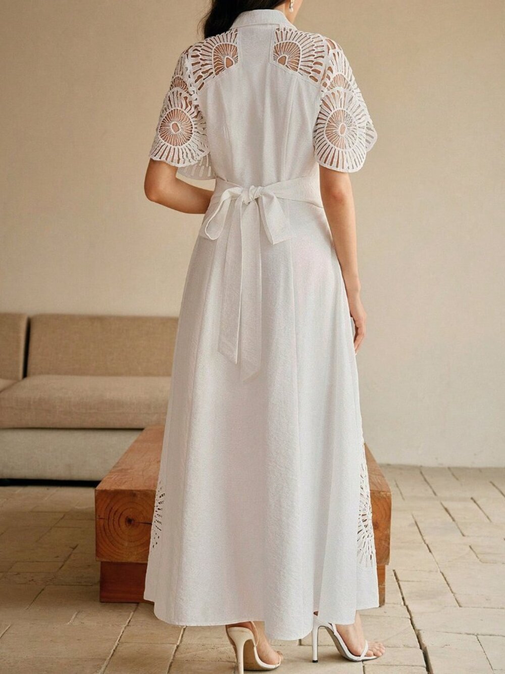 White Elegant Women's Puff Sleeve Single Breasted Hollow Splice Dress - Picture 2 of 6